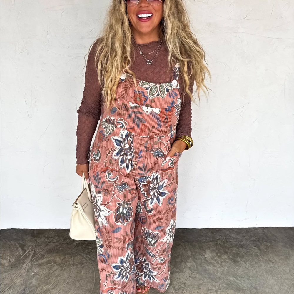 Floral Rust Wide-Leg Corduroy Jumpsuit
